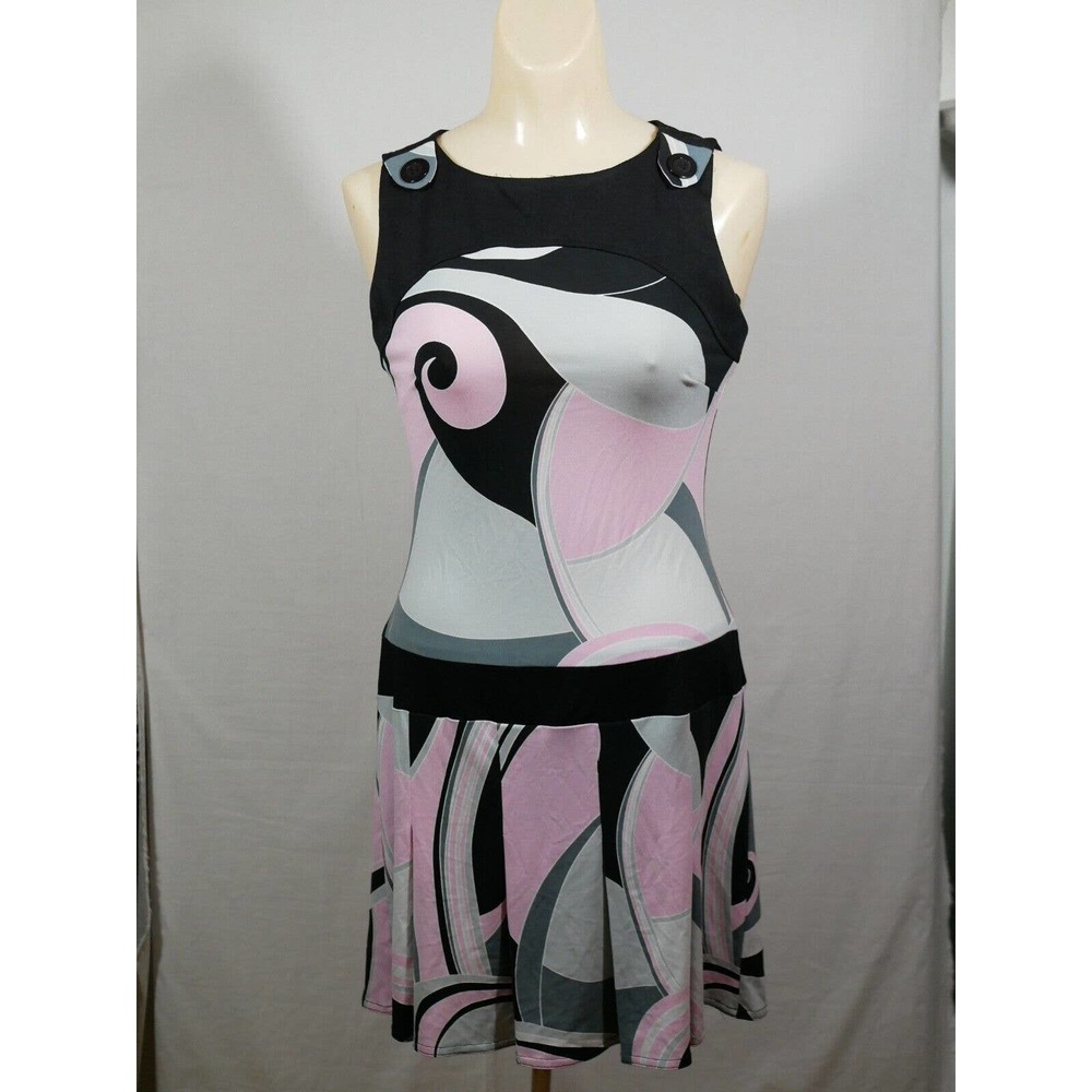 Vtg City Triangles Midi Dress Pink Black Gray Drop Waist Pleated Medium